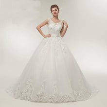 Load image into Gallery viewer, Sleeveless Ball Gown Wedding Dresses Bridal White Floral Lace Applique Mesh Tulle Long Train Chapel Bridal Gown Corset WF2613