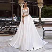 Load image into Gallery viewer, Women A-Line Ivory Satin Wedding Dresses Bridal Reflective With Lace Appliques Long Sleeve Court Train Vestido De Noiva Custom Bridal Gown WN2607