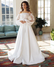 Load image into Gallery viewer, Women Off Shoulder Wedding Dresses Bridal Boho A-Line Ivory Appliques Puff Sleeves Wedding Gown WN2606
