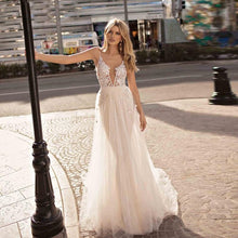 Load image into Gallery viewer, Women Ivory Wedding Beach Dresses Bridal Boho Lace V Neck Gown Spaghetti Strap Backless WN2621