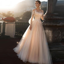 Load image into Gallery viewer, Women Princess A-Line Wedding Dresses Bridal Champagne Puff Sleeve Wedding Gowns Boho Lace Appliques Lace WN2617