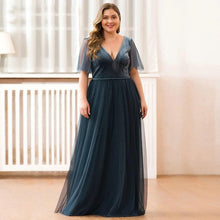 Load image into Gallery viewer, Plus Size Prom Wedding Guest Dresses Party V-Neck Short Sleeve Dusty Blue Deep Tulle Sparkle Evening Gowns Robes N2803