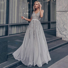Load image into Gallery viewer, Prom Dresses Wedding A-line Sleeveless Long Elegant Dress V-neck Tulle Lace Applique N2844