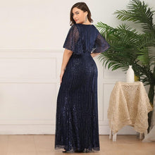Load image into Gallery viewer, Women Plus Size Prom Mermaid Dresses Wedding Party Burgundy/Navy Blue/Dark Green Seuqined Ruffles Sleeve V-Neck Elegant Pary Gowns N2801