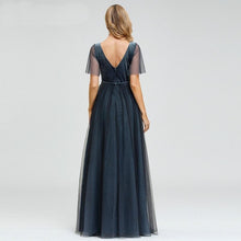 Load image into Gallery viewer, Plus Size Prom Wedding Guest Dresses Party V-Neck Short Sleeve Dusty Blue Deep Tulle Sparkle Evening Gowns Robes N2803