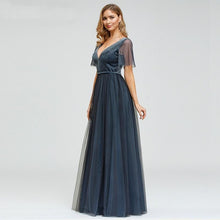 Load image into Gallery viewer, Plus Size Prom Wedding Guest Dresses Party V-Neck Short Sleeve Dusty Blue Deep Tulle Sparkle Evening Gowns Robes N2803