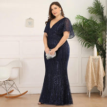 Load image into Gallery viewer, Women Plus Size Prom Mermaid Dresses Wedding Party Burgundy/Navy Blue/Dark Green Seuqined Ruffles Sleeve V-Neck Elegant Pary Gowns N2801