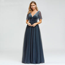 Load image into Gallery viewer, Plus Size Prom Wedding Guest Dresses Party V-Neck Short Sleeve Dusty Blue Deep Tulle Sparkle Evening Gowns Robes N2803