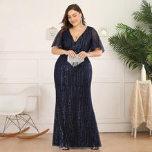 Load image into Gallery viewer, Women Plus Size Prom Mermaid Dresses Wedding Party Burgundy/Navy Blue/Dark Green Seuqined Ruffles Sleeve V-Neck Elegant Pary Gowns N2801