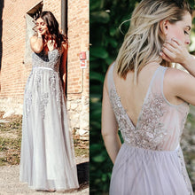 Load image into Gallery viewer, Prom Dresses Wedding A-line Sleeveless Long Elegant Dress V-neck Tulle Lace Applique N2844