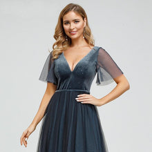 Load image into Gallery viewer, Plus Size Prom Wedding Guest Dresses Party V-Neck Short Sleeve Dusty Blue Deep Tulle Sparkle Evening Gowns Robes N2803