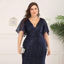 Load image into Gallery viewer, Women Plus Size Prom Mermaid Dresses Wedding Party Burgundy/Navy Blue/Dark Green Seuqined Ruffles Sleeve V-Neck Elegant Pary Gowns N2801