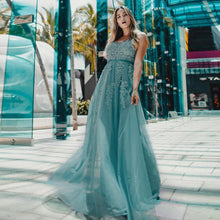 Load image into Gallery viewer, Prom Dresses Wedding A-line Sleeveless Long Elegant Dress V-neck Tulle Lace Applique N2844