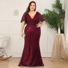Load image into Gallery viewer, Women Plus Size Prom Mermaid Dresses Wedding Party Burgundy/Navy Blue/Dark Green Seuqined Ruffles Sleeve V-Neck Elegant Pary Gowns N2801