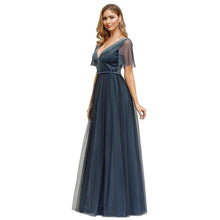Load image into Gallery viewer, Plus Size Prom Wedding Guest Dresses Party V-Neck Short Sleeve Dusty Blue Deep Tulle Sparkle Evening Gowns Robes N2803