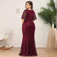 Load image into Gallery viewer, Women Plus Size Prom Mermaid Dresses Wedding Party Burgundy/Navy Blue/Dark Green Seuqined Ruffles Sleeve V-Neck Elegant Pary Gowns N2801