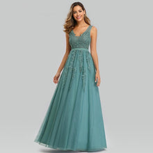Load image into Gallery viewer, Prom Dresses Wedding A-line Sleeveless Long Elegant Dress V-neck Tulle Lace Applique N2844