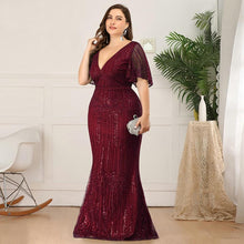 Load image into Gallery viewer, Women Plus Size Prom Mermaid Dresses Wedding Party Burgundy/Navy Blue/Dark Green Seuqined Ruffles Sleeve V-Neck Elegant Pary Gowns N2801