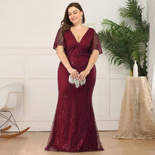 Load image into Gallery viewer, Women Plus Size Prom Mermaid Dresses Wedding Party Burgundy/Navy Blue/Dark Green Seuqined Ruffles Sleeve V-Neck Elegant Pary Gowns N2801