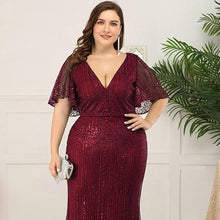 Load image into Gallery viewer, Women Plus Size Prom Mermaid Dresses Wedding Party Burgundy/Navy Blue/Dark Green Seuqined Ruffles Sleeve V-Neck Elegant Pary Gowns N2801