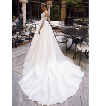 Load image into Gallery viewer, Women A-Line Ivory Satin Wedding Dresses Bridal Reflective With Lace Appliques Long Sleeve Court Train Vestido De Noiva Custom Bridal Gown WN2607
