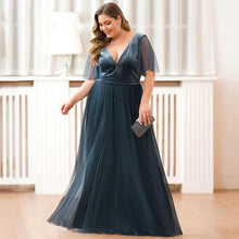 Load image into Gallery viewer, Plus Size Prom Wedding Guest Dresses Party V-Neck Short Sleeve Dusty Blue Deep Tulle Sparkle Evening Gowns Robes N2803