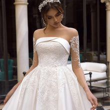 Load image into Gallery viewer, Women A-Line Ivory Satin Wedding Dresses Bridal Reflective With Lace Appliques Long Sleeve Court Train Vestido De Noiva Custom Bridal Gown WN2607