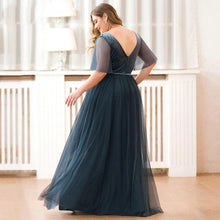 Load image into Gallery viewer, Plus Size Prom Wedding Guest Dresses Party V-Neck Short Sleeve Dusty Blue Deep Tulle Sparkle Evening Gowns Robes N2803