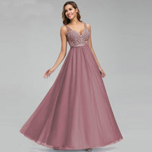 Load image into Gallery viewer, Women Plus Size Blue Bridesmaid Dresses V Neck Appliques Elegant Long Dress For Wedding Party Vestidos N2804