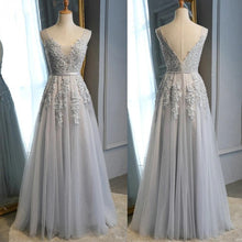 Load image into Gallery viewer, Prom Dresses Wedding A-line Sleeveless Long Elegant Dress V-neck Tulle Lace Applique N2844