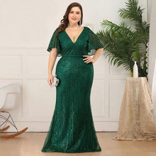 Load image into Gallery viewer, Women Plus Size Prom Mermaid Dresses Wedding Party Burgundy/Navy Blue/Dark Green Seuqined Ruffles Sleeve V-Neck Elegant Pary Gowns N2801