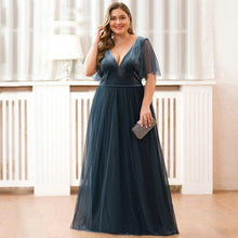 Load image into Gallery viewer, Plus Size Prom Wedding Guest Dresses Party V-Neck Short Sleeve Dusty Blue Deep Tulle Sparkle Evening Gowns Robes N2803