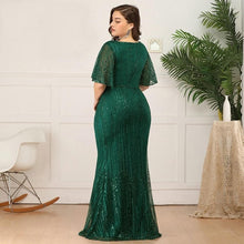 Load image into Gallery viewer, Women Plus Size Prom Mermaid Dresses Wedding Party Burgundy/Navy Blue/Dark Green Seuqined Ruffles Sleeve V-Neck Elegant Pary Gowns N2801