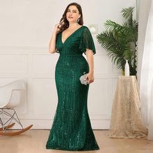 Load image into Gallery viewer, Women Plus Size Prom Mermaid Dresses Wedding Party Burgundy/Navy Blue/Dark Green Seuqined Ruffles Sleeve V-Neck Elegant Pary Gowns N2801