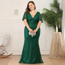 Load image into Gallery viewer, Women Plus Size Prom Mermaid Dresses Wedding Party Burgundy/Navy Blue/Dark Green Seuqined Ruffles Sleeve V-Neck Elegant Pary Gowns N2801