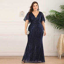 Load image into Gallery viewer, Women Plus Size Prom Mermaid Dresses Wedding Party Burgundy/Navy Blue/Dark Green Seuqined Ruffles Sleeve V-Neck Elegant Pary Gowns N2801