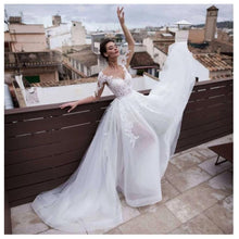 Load image into Gallery viewer, Women Princess Wedding Dresses Bridal Scoop Appliqued Detachable Train Ivory Gown Half Sleeves Boho Short Skirt WN2627