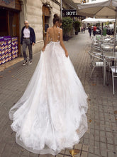Load image into Gallery viewer, Women Backless Spaghetti Straps Wedding Dresses Bridal A Line Ivory Dress 3D Lace Flowers Fairy Beach WN2601