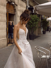 Load image into Gallery viewer, Women Backless Spaghetti Straps Wedding Dresses Bridal A Line Ivory Dress 3D Lace Flowers Fairy Beach WN2601