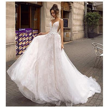 Load image into Gallery viewer, Women Backless Spaghetti Straps Wedding Dresses Bridal A Line Ivory Dress 3D Lace Flowers Fairy Beach WN2601