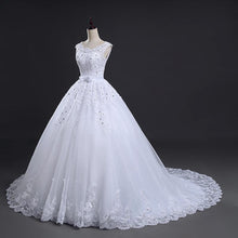 Load image into Gallery viewer, Sleeveless Ball Gown Wedding Dresses Bridal White Floral Lace Applique Mesh Tulle Long Train Chapel Bridal Gown Corset WF2613