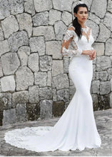 Load image into Gallery viewer, Women Mermaid White Gown Wedding Dresses Bridal Lace Long Sleeve O-Neck Turkey Custom WN2610