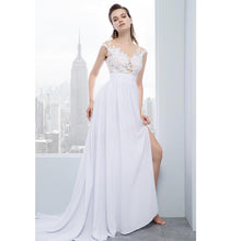 Load image into Gallery viewer, Women Lace White Chiffon Beach Wedding Dresses Bridal Vintage Appliques Cap Short Sleeve WN2604