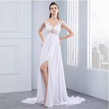 Load image into Gallery viewer, Women Lace White Chiffon Beach Wedding Dresses Bridal Vintage Appliques Cap Short Sleeve WN2604