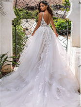 Load image into Gallery viewer, Women Princess A Line Wedding Dresses Bridal Ivory 3D Flowers Long Boho Floor Gown Spaghetti Strap Backless WN2625