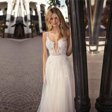 Load image into Gallery viewer, Women Ivory Wedding Beach Dresses Bridal Boho Lace V Neck Gown Spaghetti Strap Backless WN2621