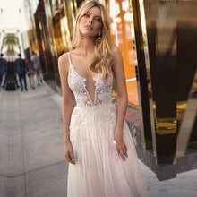 Load image into Gallery viewer, Women Ivory Wedding Beach Dresses Bridal Boho Lace V Neck Gown Spaghetti Strap Backless WN2621