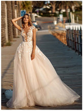 Load image into Gallery viewer, Women Princess Wedding Beach Dresses Bridal Boho Lace Illusion Back Puff Tulle Gowns Backless Floor Length WN2618