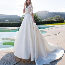 Load image into Gallery viewer, Women Wedding Dresses Bridal Princess A-Line Ivory Half Sleeves Elegant Appliqued Pockets Boho Wedding Gown WN2616