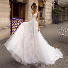 Load image into Gallery viewer, Women Backless Spaghetti Straps Wedding Dresses Bridal A Line Ivory Dress 3D Lace Flowers Fairy Beach WN2601